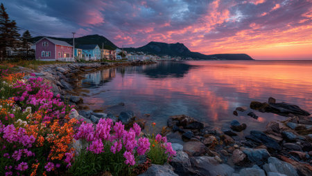 A scenic coastal village is illuminated by a vibrant sunset, with hues of pink, orange, and purple reflected in the calm water. The composition highlights small, colorful houses set against a backdrop of mountains and foliage. This image is suitable for various commercial purposes, including travel and lifestyle content.の素材
