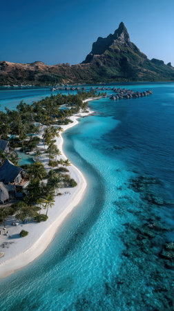 An aerial view presents a pristine coastal landscape. Turquoise waters meet a white sandy shore, fringed by green vegetation. A distant mountain peak rises under a clear blue sky. The scene is illuminated by bright sunlight, suggesting daytime. Ideal for travel, tourism, and environmental themes.の素材