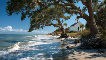 A scenic coastal view features a white church nestled near the shoreline, shaded by large trees. The image showcases natural elements such as water, sand, and sky under bright sunlight. This visual may be suitable for editorial content or commercial projects focused on travel or nature.の素材