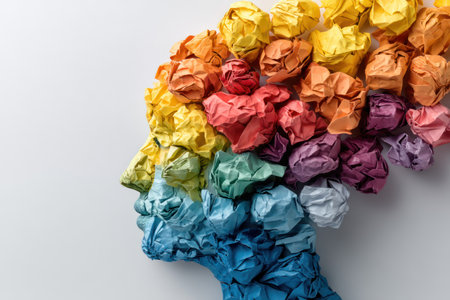 A silhouette of a human head, crafted from colorful crumpled paper, rests against a plain background. The composition highlights vibrant hues and textures, with variations of red, yellow, green, and blue. This conceptual image may be suitable for creative projects or educational presentations.の素材