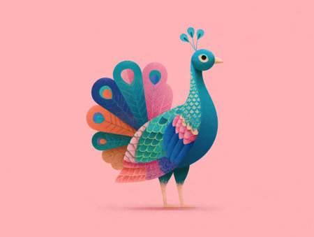 This illustration features a vibrant peacock against a soft pink backdrop. The artwork showcases bold colors, with the peacock's feathers exhibiting a blend of blues, greens, and pinks. This digital art style, with its simplified forms and playful composition, is suitable for various applications, including design projects or editorial uses.の素材