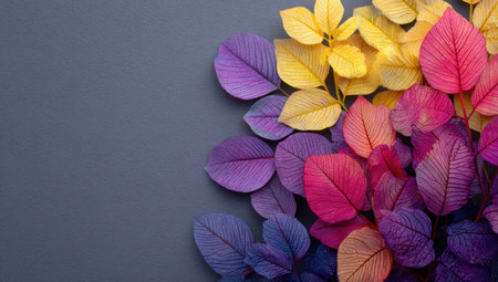 An arrangement of vibrant leaves, showcasing a spectrum of colors from purple to yellow and red. The composition features a close-up view with detailed textures and lighting. Suitable for decorative purposes and design projects, the image has potential for various commercial applications.の素材