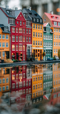 An image showcases vibrant buildings with diverse colors reflected on a water surface. The composition highlights architectural elements and various hues. The scene presents a visual harmony of structures, suitable for design projects. It could be used for illustrating urban themes or for commercial purposes.の素材