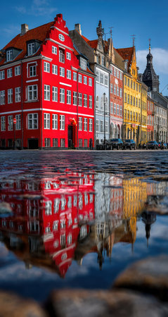 A row of vibrant historic buildings is mirrored in a reflecting pool. The image showcases a vivid color palette, including reds, yellows, and blues, creating a dynamic composition. The scene suggests an outdoor setting, likely during the day. The image could be used for various commercial and editorial projects.の素材