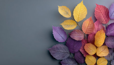 An overhead view displays vibrant autumn leaves, in shades of yellow, orange, red, and purple, arranged on a gray surface. The composition showcases detailed textures and natural color variations. The image, suitable for graphic design and commercial projects, provides copy space to add text or design elements.の素材