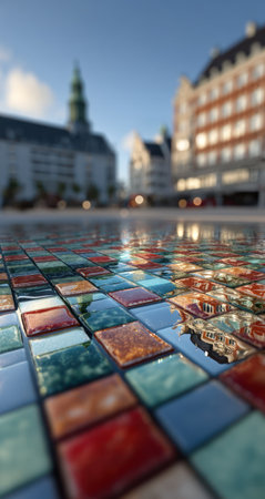 A close-up shot presents a mosaic of colorful tiles reflecting the surrounding buildings under a bright sky. The tiles exhibit various colors and textures, creating a vibrant surface that mirrors the architectural elements. This image could be suitable for editorial content or commercial projects.の素材