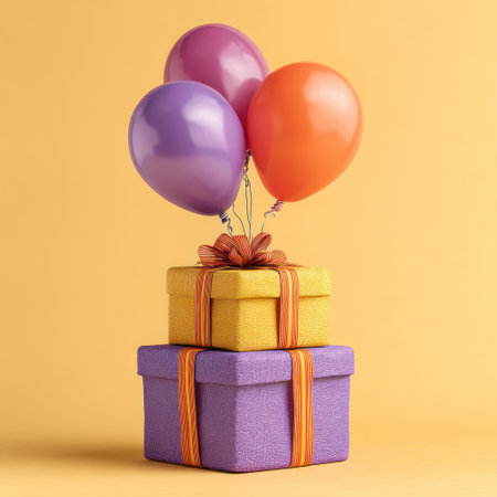 Three vibrant balloons ascend from a pile of wrapped gift boxes in this brightly colored composition. The boxes are stacked and tied with ribbons. The image is lit with soft lighting, and the background is a solid warm yellow. Suitable for commercial projects or advertising materials.の素材
