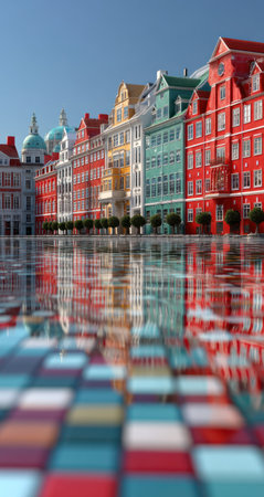 A vibrant cityscape showcases a row of multicolored buildings reflected in the water. The composition highlights a variety of architectural details against a clear blue sky. The image uses a low-angle perspective. Suitable for illustrations or designs, this image could be utilized for various commercial purposes.の素材