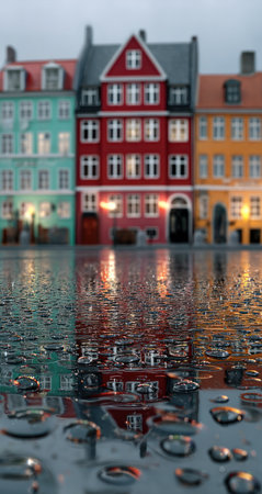 Brightly colored buildings line a wet street, their facades mirrored in the water's surface. The photograph displays a shallow depth of field, with droplets prominently featured. The scene is illuminated by soft light, suggesting an overcast day. This image would be suitable for commercial use in travel, architecture, or urban design contexts.の素材