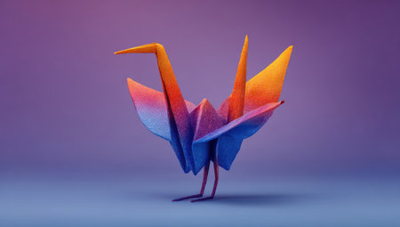 A vibrant origami crane stands on a seamless purple backdrop. The bird displays a spectrum of colors including blue, orange, and yellow. The scene is brightly lit, with a smooth texture and a simplified, artistic style. This imagery is suitable for various design projects and illustrative uses.の素材