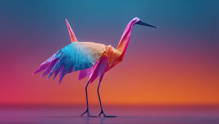 A vibrant origami crane stands on a reflective surface against a gradient background. The paper bird displays multiple colors, from pink and purple to blue and yellow. The overall style is artistic with soft lighting. Suitable for use in design projects, advertising campaigns, and editorial content.の素材