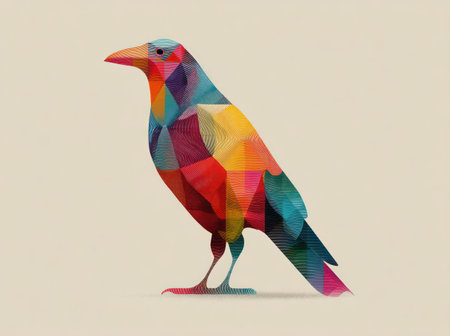 A vibrant illustration features a stylized bird composed of geometric shapes in a variety of colors. The artwork displays a modern aesthetic with bright hues. The composition is set against a neutral backdrop, and the design may be suitable for diverse applications in print and digital media.の素材