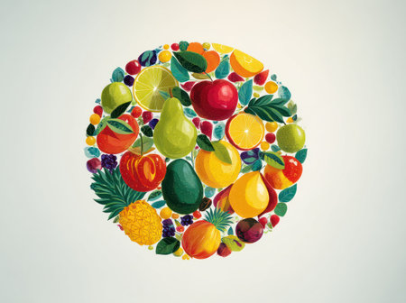 An assortment of vibrant fruits is arranged in a circular design against a plain white background. The composition showcases a variety of textures and colors, from the bright reds and oranges to the greens and yellows. This image may be suitable for illustrating healthy eating or food-related concepts for various applications.の素材