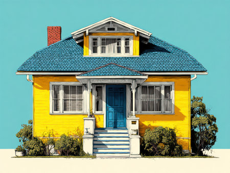 A vibrant illustration showcases a house with a yellow facade and a striking blue roof. The image presents a symmetrical composition with detailed architectural features. The lighting is even, highlighting the bright colors. Suitable for various design projects, this image could be used in advertising or editorial contexts.の素材