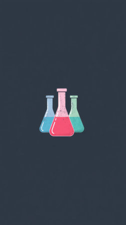 Three laboratory beakers are displayed, each filled with colored liquid against a dark backdrop. The composition features a flat design style with soft gradients and pastel colors. Suitable for educational materials, scientific publications, or conceptual designs related to chemistry.の素材