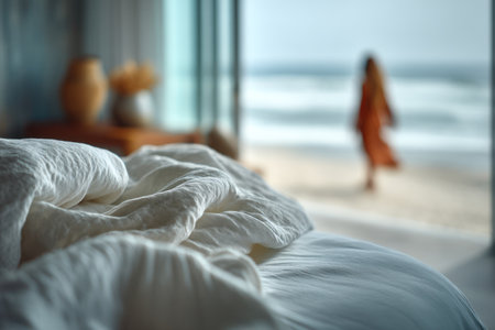 A close-up view presents a rumpled white bed in soft focus. Beyond, a blurred figure walks on a beach near the ocean. The composition includes a window framing the seascape. Natural light creates a serene atmosphere suitable for various commercial applications.の素材