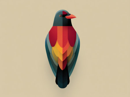 This image features a vibrant, stylized illustration of a bird, showcasing a layered paper-cut effect. The composition employs a palette of red, orange, yellow, blue, and black against a plain background. The artwork has a geometric aesthetic, ideal for various design projects and commercial applications.の素材