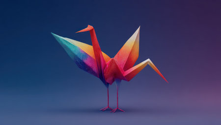 A vibrant origami crane, rendered with a spectrum of colors, stands against a gradient blue background. The artwork displays a low-poly style, showcasing geometric shapes and sharp angles. This image could be used for various design projects, illustrating concepts, or providing a visually appealing element.の素材