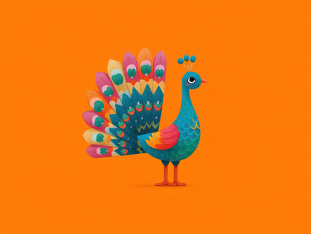 A stylized illustration depicts a peacock with a fanned tail, showcasing a palette of blue, green, and pink. The artwork is set against a solid orange background, creating a bold contrast. The image is likely suited for commercial designs, visual communications, and creative projects, providing a vibrant aesthetic. The simple composition utilizes strong colors.の素材