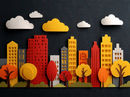 A vibrant illustration presents a paper-cut cityscape, showcasing stylized buildings in various colors. White clouds and autumn trees accent the scene set against a dark backdrop. The composition features a clear, overhead view, lending itself to a variety of commercial and illustrative purposes.の素材