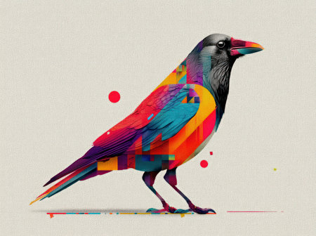 This image features a geometrically designed raven rendered in vibrant colors. The illustration showcases a mix of red, orange, and blue hues. The composition is straightforward, with clean lines and flat style. The bird is set against a cream background, suitable for diverse commercial applications.の素材