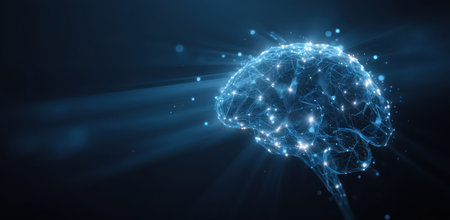The image features a digital representation of a brain, constructed from interconnected nodes and glowing light. The composition highlights the brain's form against a dark backdrop. The overall design emphasizes a technological and futuristic concept, potentially suitable for editorial content and commercial applications related to science and innovation.の素材