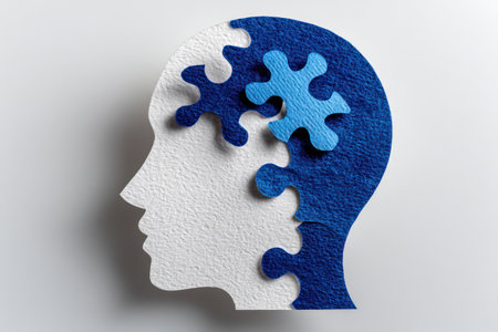 This conceptual image depicts a human head silhouette with puzzle pieces. The head and puzzle pieces are in white and blue hues. The composition suggests a connection to ideas such as solving problems. Ideal for illustrating concepts related to thought, and education. It can be used in marketing and editorial designs.の素材