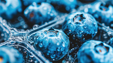 This image presents a close-up of fresh blueberries, displaying a vibrant blue color and spherical shape. Water droplets cling to the berries, enhancing the texture and suggesting freshness. The composition, lit with soft lighting, may be suitable for illustrating food-related themes or health content. It could be useful for commercial purposes.の素材