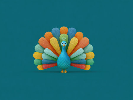 A vibrant illustration showcases a stylized peacock with a spread fan of colorful feathers against a teal backdrop. The artwork features a smooth texture and a flat design style, bathed in a soft lighting. This image could be suitable for various commercial applications, including editorial designs and visual communication.の素材