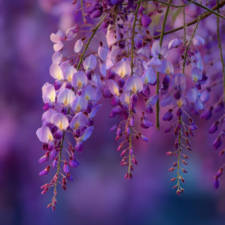 This image showcases delicate wisteria flowers in full bloom. The composition highlights the cascading clusters of purple blossoms against a soft, unfocused background. The lighting creates a gentle ambiance, emphasizing the textures and colors of the floral arrangement. Suitable for various applications, including design, decoration, or editorial content.の素材