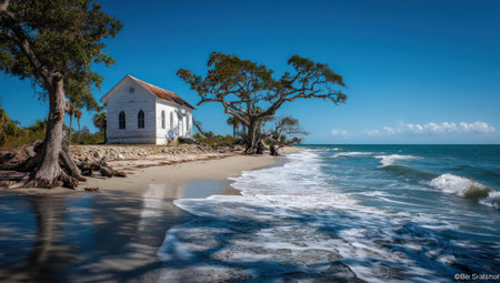 A small white church stands peacefully on a sandy beach, bordered by tranquil turquoise waters. Lush trees frame the building, casting shadows across the foreground. The sunny day provides bright natural light, emphasizing the textures of the sand, water, and foliage. This scene is suitable for various commercial uses.の素材