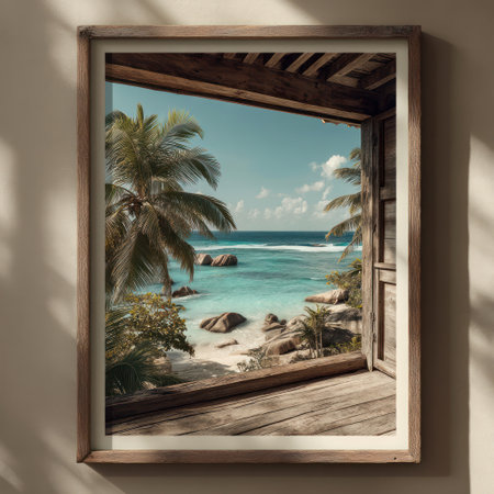 An image showcases a scenic coastal view through a weathered wooden frame. Palm trees frame the composition, alongside a turquoise ocean. The scene is bathed in sunlight, suggesting a tropical setting. It could be used for decorative prints, website backgrounds, or travel-related publications.の素材