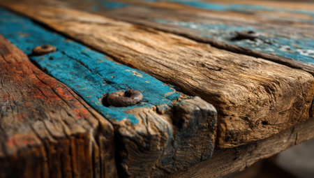 This image showcases a close-up view of weathered wooden planks, featuring a mix of blue and brown painted surfaces. The composition emphasizes texture, showcasing aged wood grain and visible metal fasteners. This shot employs natural lighting, suggesting an exterior context. The image is suitable for various commercial uses, including website backgrounds and design elements.の素材