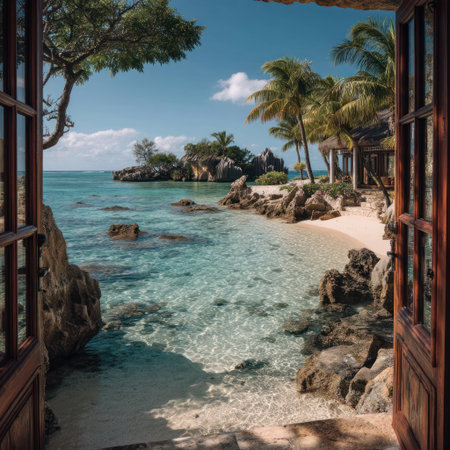 An open doorway frames a captivating coastal scene featuring crystal-clear turquoise waters and a sandy beach. Lush green palm trees and rocky formations add to the natural beauty. The composition utilizes a wide angle perspective, showcasing a tropical setting under bright sunlight. Suitable for travel, tourism, and vacation-related content.の素材