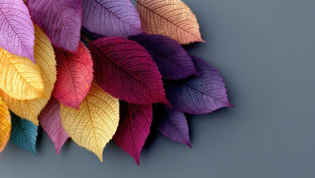 An array of vibrant leaves in various colors dominates the left side of this image. The leaves exhibit shades of purple, yellow, and red with visible veins and textures. The composition utilizes a gray background for contrast, providing copy space. Suitable for decorative purposes and design projects.の素材