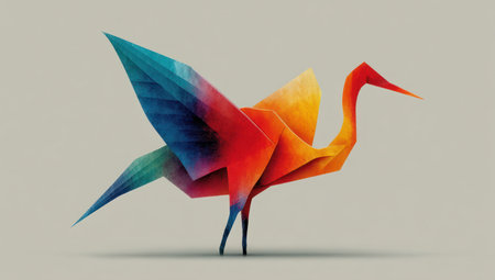 This image showcases a vibrant origami bird sculpture in mid-flight, rendered with a gradient of bold colors. The artwork features sharp angles and geometric shapes, demonstrating a modern illustration style. The bird is set against a plain background, creating contrast and making it suitable for various creative projects, including editorial and commercial design.の素材