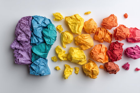 A vibrant human head silhouette is crafted from colorful crumpled paper on a white surface. The image displays a spectrum of hues, including blue, green, yellow, orange, and purple. This artistic representation could be used for conceptual design, educational materials, or illustrative purposes. Its visual style suggests creativity and innovative thinking.の素材
