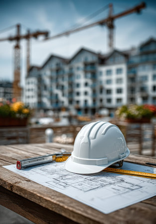 A construction site setting features a white safety helmet resting on a blueprint, with a measuring tape. The composition includes wooden surfaces, building cranes, and apartment buildings in the blurred background. This image can be used for promotional material or architectural presentations, and general commercial purposes.の素材