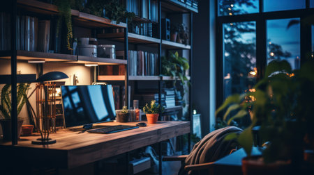 An inviting home office scene showcases a wooden desk with a computer and lamp. A large bookshelf and potted plants enhance the atmosphere. The composition features a window, suggesting a natural light and outdoor view. This image is suitable for use in design, lifestyle, or business content.の素材
