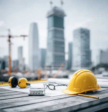 A close-up view presents construction equipment with a blurred cityscape background. The scene showcases a yellow hard hat, calculator, blueprints, and headphones on a wooden surface. The composition utilizes a shallow depth of field, implying an outdoor setting. The image may be suitable for use in architectural projects and related commercial purposes.の素材