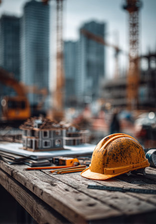 An orange safety helmet rests on a wooden surface in the foreground of a construction site. Blueprints and a miniature building model are also present. The scene features multiple cranes and high-rise buildings, suggesting an urban environment. This image could be used in commercial projects, showcasing construction or infrastructure development.の素材