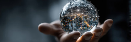 A hand cradles a glowing crystal sphere, depicting a miniature cityscape within. The image showcases cool tones, with dark and bright elements. The composition features soft lighting and a blurred background. This visual could be used in various commercial applications, such as articles or presentations that explore futuristic concepts.の素材