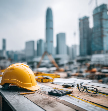 A construction site features a bright yellow hard hat, a calculator, and glasses on a wooden surface. The composition showcases an overcast sky, with a blurred cityscape as background. These elements suggest construction and planning. The image is suitable for commercial uses within the construction or engineering industries.の素材