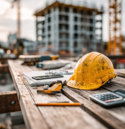 A close-up view presents a yellow hard hat with tools on wooden planks at a construction site. The scene shows construction equipment and a building in the background. The natural lighting and composition provide a practical aesthetic suitable for illustrating concepts of building, industry, and progress. It could be used for architectural or industrial designs.の素材
