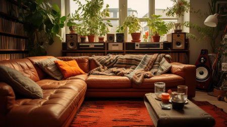 An inviting living room scene features a brown leather sofa, complemented by plants, books, and stereo equipment. Natural light streams through the window. The composition suggests a relaxed atmosphere suitable for various lifestyle projects and commercial applications. The style has a warm and welcoming feeling.の素材