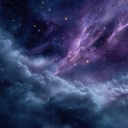 This image showcases a celestial scene of a nebula and a vibrant night sky. The composition is marked by a gradient of deep blues and purples, accented by scattered stars. The textures evoke a sense of depth and vastness. Suitable for various editorial and commercial applications.の素材