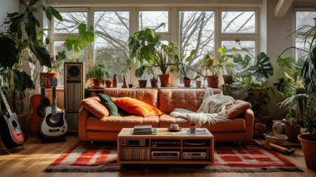 This interior photograph showcases a living room with an orange sofa, various potted plants, and natural light streaming through large windows. The composition features a symmetrical arrangement, with warm tones from the furniture contrasting with the greenery. The image is suitable for illustrating home decor, lifestyle, or interior design concepts, usable for diverse commercial purposes.の素材