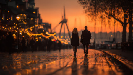 A couple walks along a pathway at sunset, silhouetted against an orange sky. City lights twinkle in the background. The scene features a shallow depth of field, enhancing the silhouettes. The composition creates a romantic atmosphere suitable for various visual projects and potential editorial use.の素材