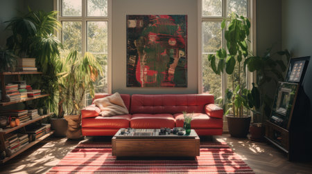 A living room showcases a vibrant red sofa, complemented by lush green potted plants. Sunlight streams through large windows, illuminating the room's elements. The scene features a rug, artwork, and a table, conveying an inviting, comfortable aesthetic suitable for interior design or lifestyle visuals.の素材