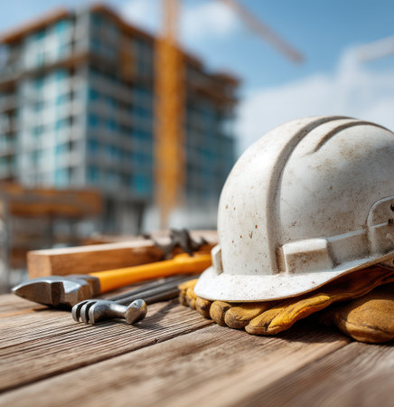 Close-up of construction tools, including a hard hat and gloves, resting on a wooden surface. The composition features a shallow depth of field, with a building in the background. The lighting suggests daytime. Suitable for use in projects related to building, industry, and construction.の素材